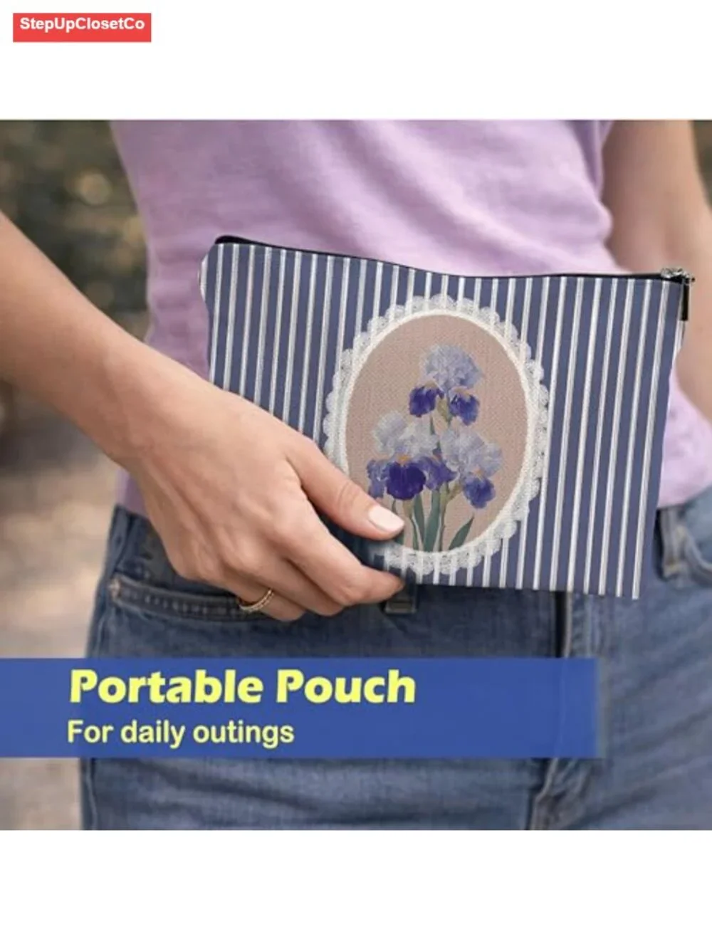 Floral Cosmetic Bag with Zipper, Linen Look Makeup Pouch, Travel Toiletry